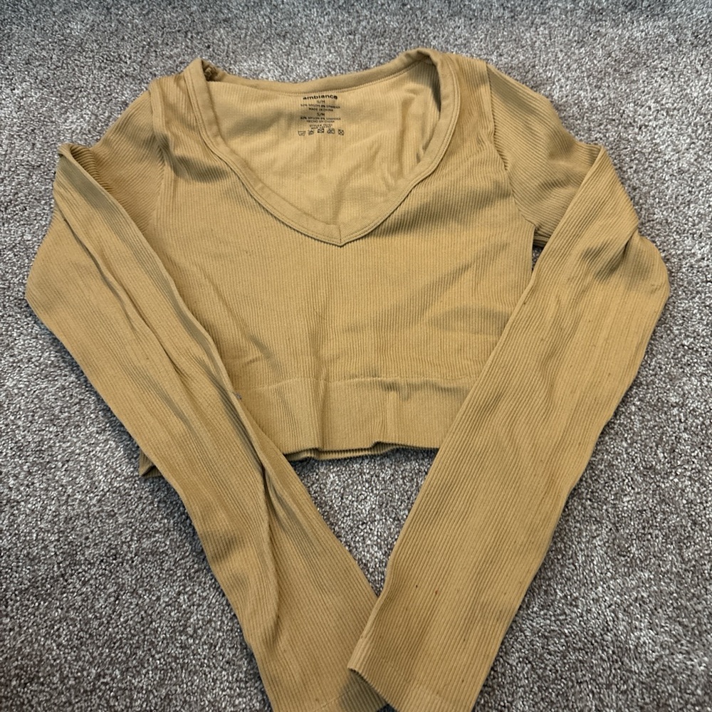 Ambiance Tan Fitted Crop Blouse Long Sleeve